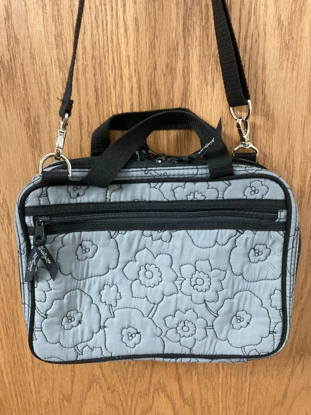 Thirty-One Gray Quilted Poppy Double Zip Cosmetic Bag Travel Organizer